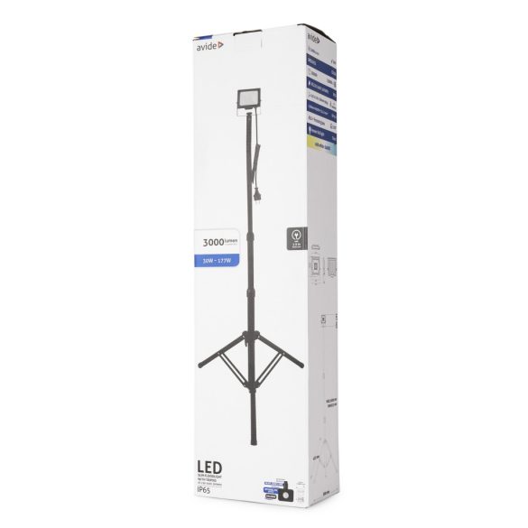 Avide Tripodos LED Munkalámpa 1 Fejjel, 30W, 3000 lm, 6400K Hideg Fehér, Opcionális PIR, IP65