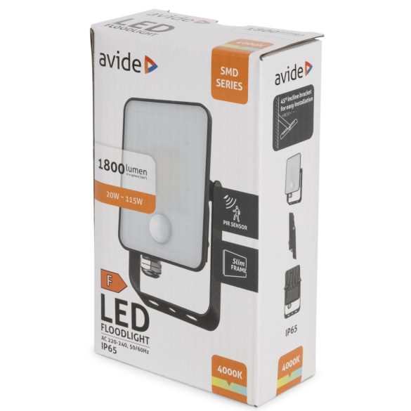 Avide Mozgásérzékelős Keret Nélküli LED Reflektor 20W, 1800 lm, 4000K Természetes Fehér, IP65