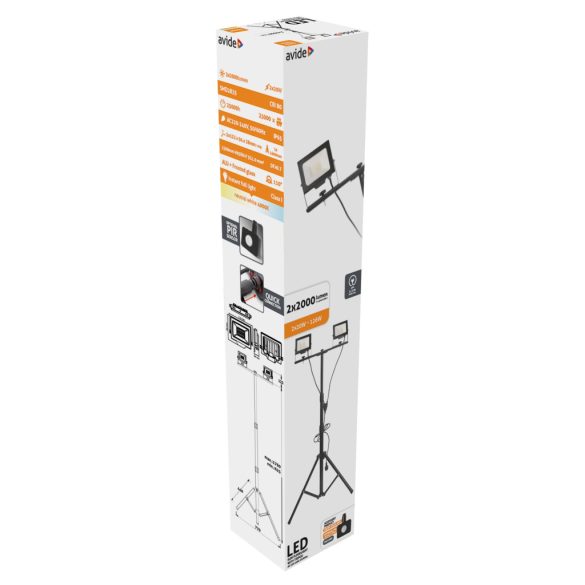 Avide Tripodos LED Munkalámpa 2 Fejjel, 2x20W, 4000 lm, 4000K Természetes Fehér, IP65