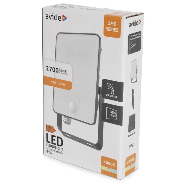 Avide Mozgásérzékelős Keret Nélküli LED Reflektor 30W, 2700 lm, 4000K Természetes Fehér, IP65