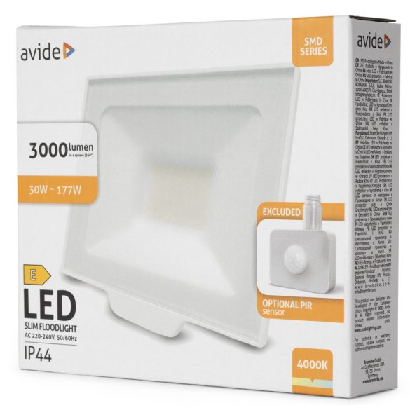 Avide LED Reflektor 30W, 3000 lm, 4000K Természetes Fehér, Fehér Ház, IP44