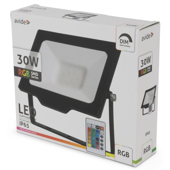 Avide RGB Színes LED Reflektor 30W, Távirányítóval, IP65, Fekete