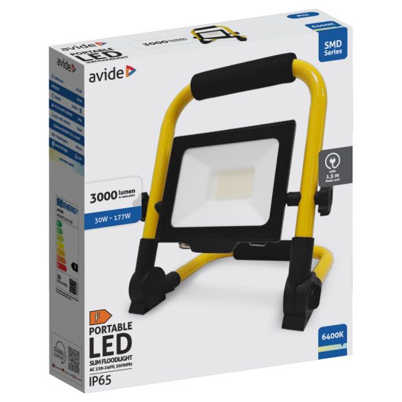 Avide Reflektoros LED Munkalámpa 30W, 3000 lm, 6400K Hideg Fehér, 1,5 m Állvánnyal, IP65