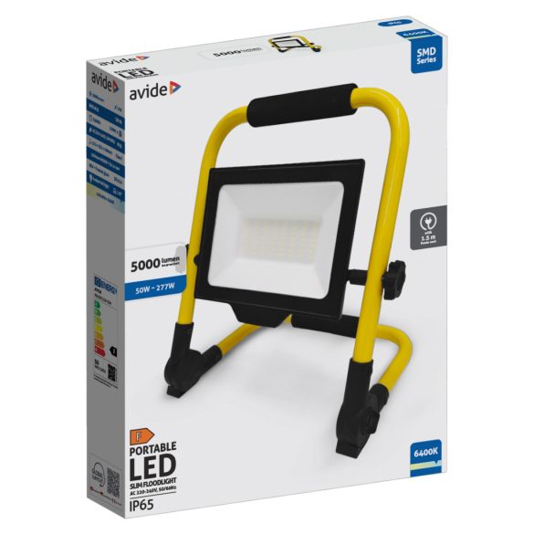 Avide Reflektoros LED Munkalámpa 50W, 5000 lm, 6400K Hideg Fehér, 1,5 m Állvánnyal, IP65