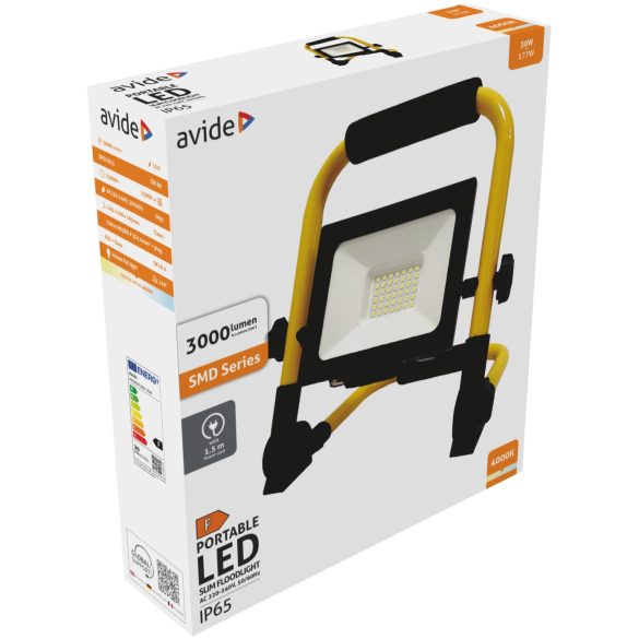 Avide Reflektoros LED Munkalámpa 30W, 3000 lm, 4000K Természetes Fehér, 1,5 m Állvánnyal, IP65
