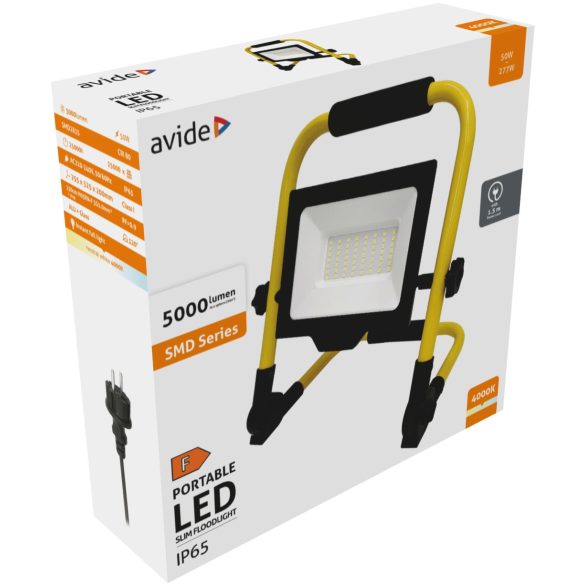 Avide Reflektoros LED Munkalámpa 50W, 5000 lm, 4000K Természetes Fehér, 1,5 m Állvánnyal, IP65
