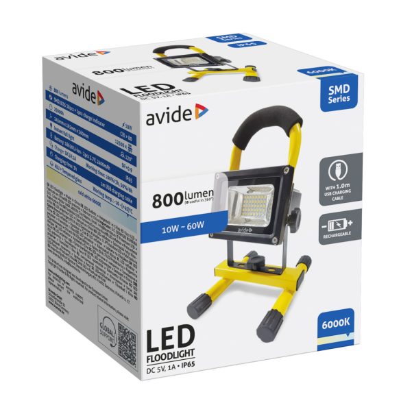 Avide Akkumulátoros LED Reflektor 10W, 800 lm, 6000K Hideg Fehér, IP65, USB kábellel