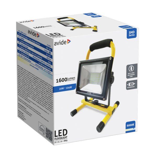 Avide Akkumulátoros LED Reflektor 20W, 1600 lm, 6000K Hideg Fehér, IP65, USB kábellel