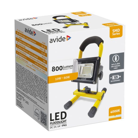 Avide Akkumulátoros LED Reflektor 10W, 800 lm, 4000K Természetes Fehér, IP65, USB kábellel