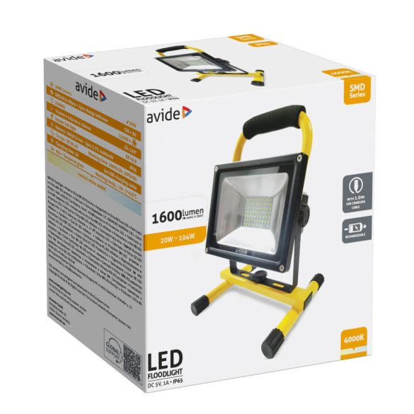 Avide Akkumulátoros LED Reflektor 20W, 1600 lm, 4000K Természetes Fehér, IP65, USB kábellel