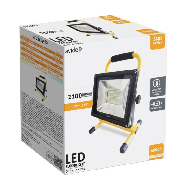 Avide Akkumulátoros LED Reflektor 30W, 2100 lm, 4000K Természetes Fehér, IP65, USB kábellel