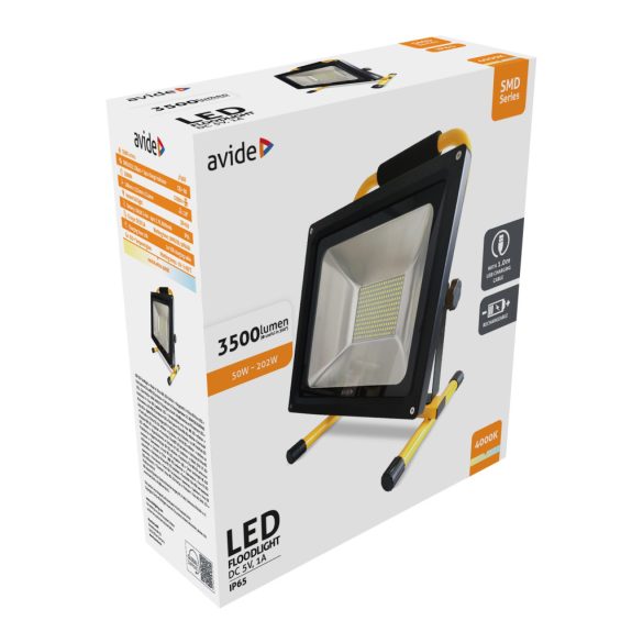 Avide Akkumulátoros LED Reflektor 50W, 3500 lm, 4000K Természetes Fehér, IP65, USB kábellel