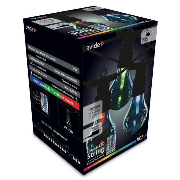 Avide Kültéri Fényfüzér 5m, Papaya formájú izzók, színes RGB fény, sorolható, távirányítóval, IP44