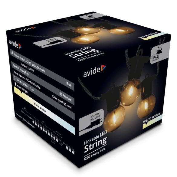 Avide Kültéri Fényfüzér 5m, barna kötél kábel, füstös G50 melegfehér LED, sorolható, IP44