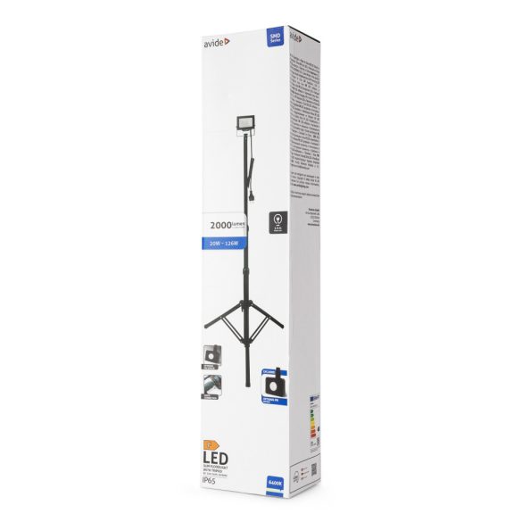 Avide Tripodos LED Munkalámpa 1 Fejjel, 20W, 2000 lm, 6400K Hideg Fehér, Opcionális PIR, IP65