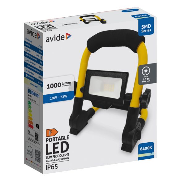 Avide Reflektoros LED Munkalámpa 10W, 1000 lm, 6400K Hideg Fehér, 1,5 m Állvánnyal, IP65