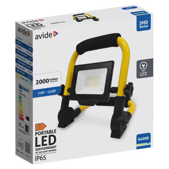 Avide Reflektoros LED Munkalámpa 20W, 2000 lm, 6400K Hideg Fehér, 1,5 m Állvánnyal, IP65