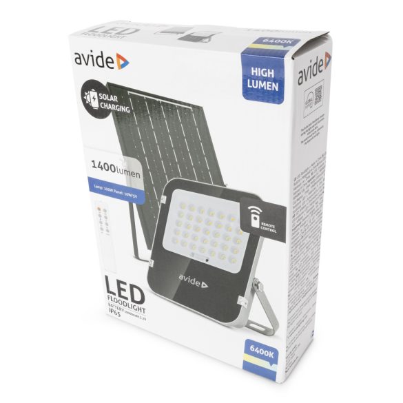 Avide Napelemes LED Reflektor 10W, 1400 lm, 6400K (hideg fehér), IP65