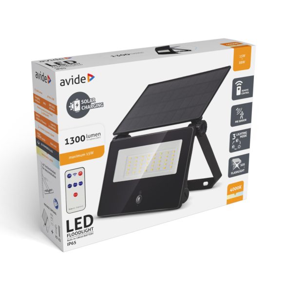 Avide Napelemes LED Reflektor 1300 lm, 4000K, PIR szenzorral, cserélhető akkumulátor, IP65