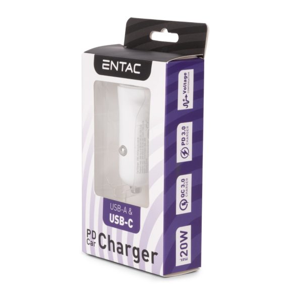 Entac 20W autós gyorstöltő USB-A + USB-C PD & QC fehér