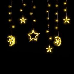   Entac Karácsonyi Fényfüggöny, meleg fehér, 135 LED, 12 dísz (csillag & hold), 3×0,7 m, 8F + időzítő, IR távirányítóval