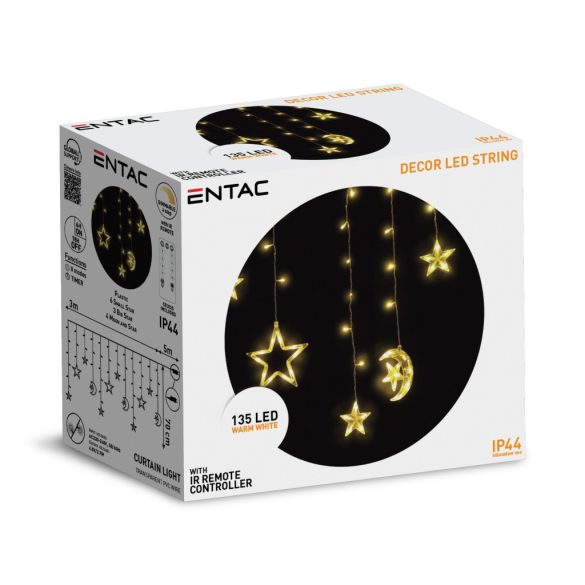 Entac Karácsonyi Fényfüggöny, meleg fehér, 135 LED, 12 dísz (csillag & hold), 3×0,7 m, 8F + időzítő, IR távirányítóval