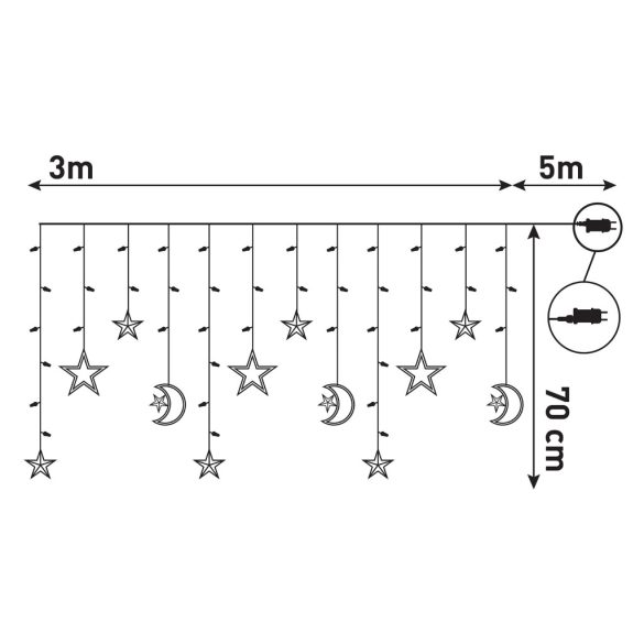 Entac Karácsonyi Fényfüggöny, meleg fehér, 135 LED, 12 dísz (csillag & hold), 3×0,7 m, 8F + időzítő, IR távirányítóval