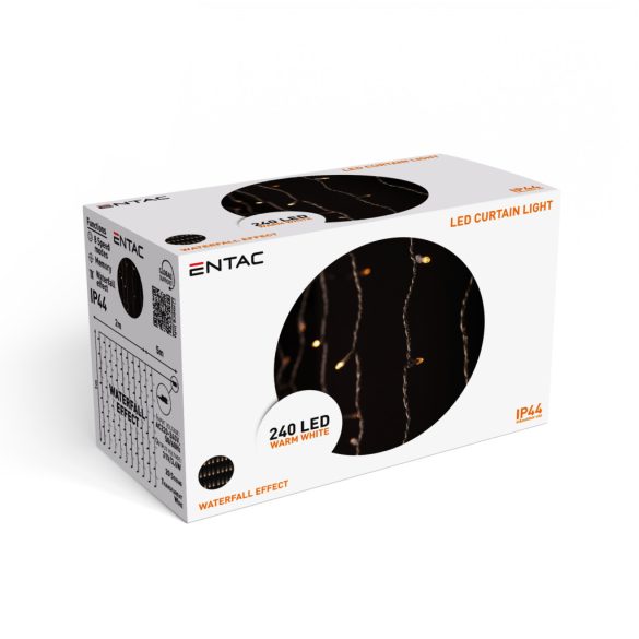Entac Karácsonyi Fényfüggöny 240 LED, Meleg Fehér, 1×2 m, Vízesés Effektussal, 8 világítási mód