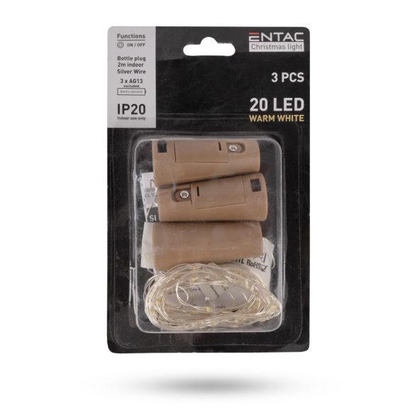 Entac 20 LED-es beltéri drótfüzér üvegdugóval, meleg fehér, 3 db-os szett