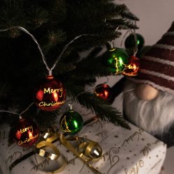   Entac Karácsonyi Beltéri Színes Gömb Füzér, 10 LED, meleg fehér, elemes