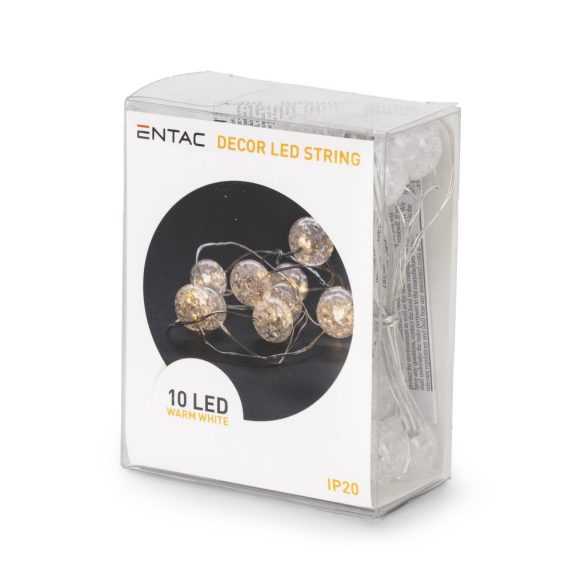 Entac karácsonyi beltéri fényfüzér áttetsző műanyag golyókkal, 10 LED, 1,3 m, meleg fehér, elemes