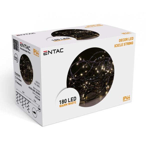 Entac Karácsonyi Jégcsapfüzér 180 LED, Meleg Fehér, 4 m, IP44
