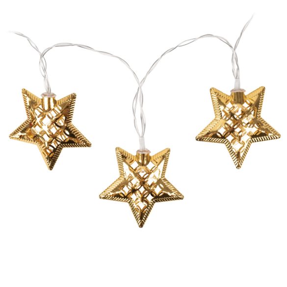 Entac karácsonyi beltéri füzér fém arany csillagokkal, 10 LED, meleg fehér, elemes