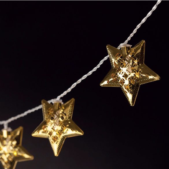 Entac karácsonyi beltéri füzér fém arany csillagokkal, 10 LED, meleg fehér, elemes