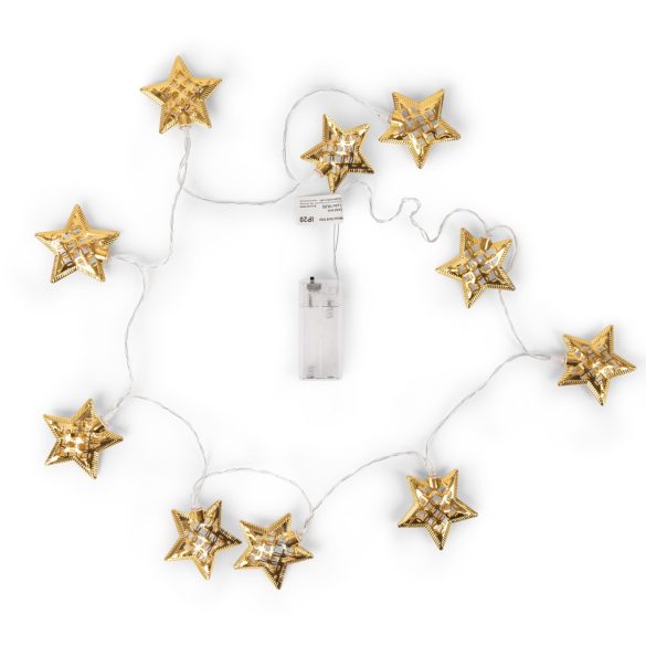 Entac karácsonyi beltéri füzér fém arany csillagokkal, 10 LED, meleg fehér, elemes