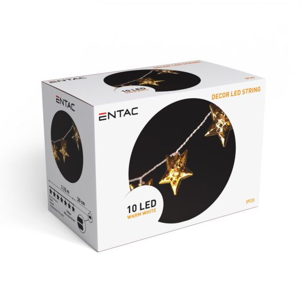 Entac karácsonyi beltéri füzér fém arany csillagokkal, 10 LED, meleg fehér, elemes
