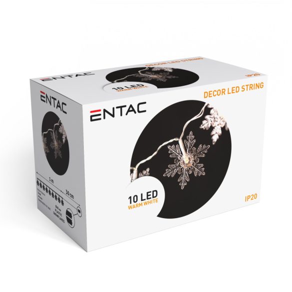 Entac karácsonyi beltéri fényfüzér hópehely alakú díszekkel, 10 LED, 1,3 m, meleg fehér, elemes