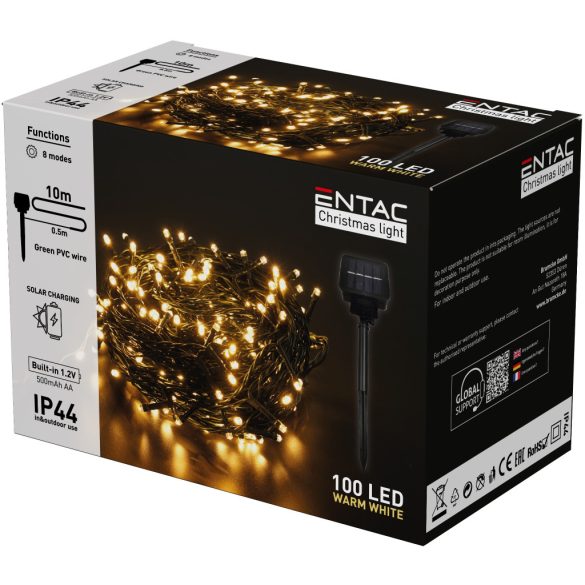 Entac napelemes kültéri LED fényfüzér, 100 LED, 10 m, meleg fehér