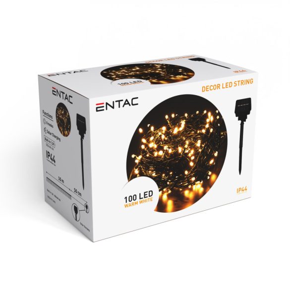 Entac napelemes kültéri LED fényfüzér, 100 LED, 10 m, meleg fehér