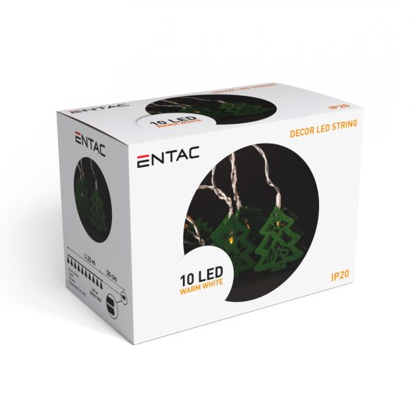 Entac karácsonyi beltéri fa karácsonyfa füzér, zöld, 10 LED, meleg fehér, elemes