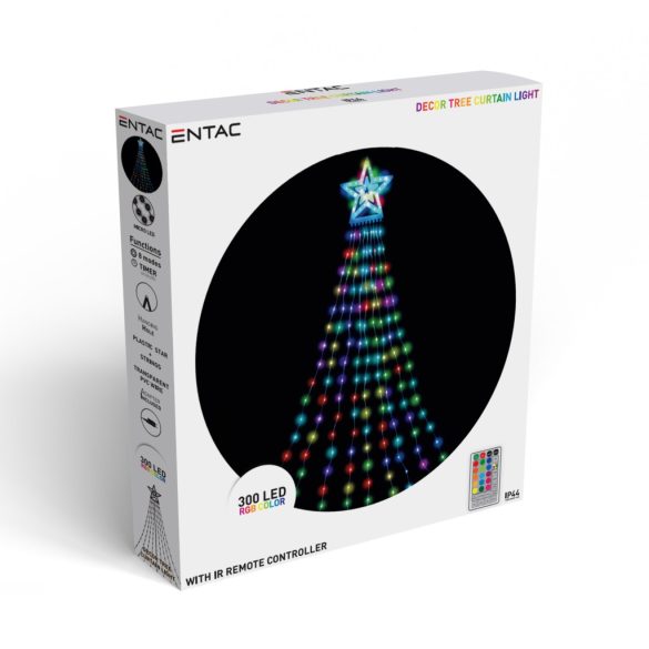 Entac Karácsonyfa takaró fényfüggöny 300 Mikro LED, RGB színes, 10×2,9 m, IP44, 8 világítási mód, IR távirányítóval
