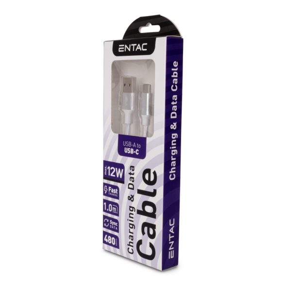 Entac 12W gyorstöltő kábel USB-A - USB-C Charmer ezüst 100cm
