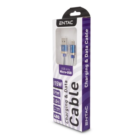 Entac 15W gyorstöltő kábel USB-A - Micro USB Fashion King kék 100cm