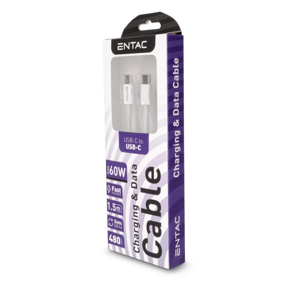 Entac 60W gyorstöltő kábel USB-C - USB-C Casual zöld 150cm