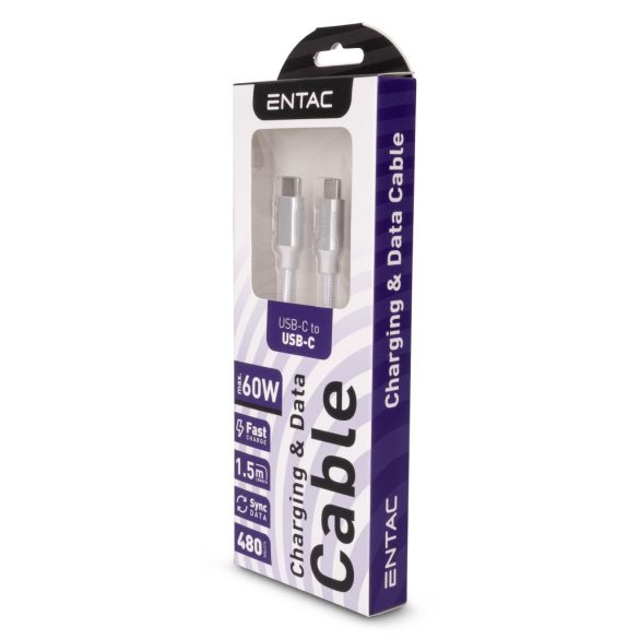 Entac 60W gyorstöltő kábel USB-C - USB-C Charmer ezüst 150cm