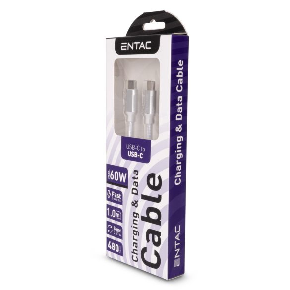 Entac 60W gyorstöltő kábel USB-C - USB-C Charmer ezüst 100cm