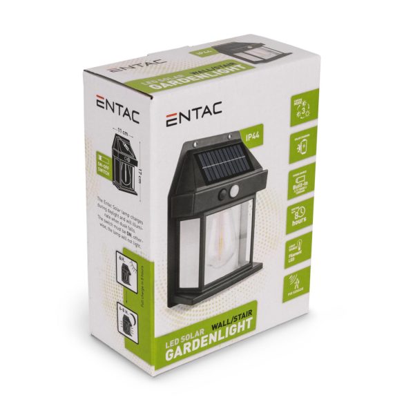 Entac Kerti Szolár lámpa 110 mm, kerítésvilágítás, PIR érzékelővel, 1db melegfehér filament LED