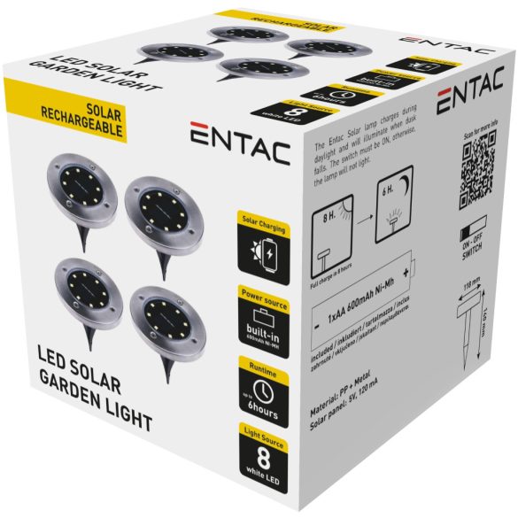 Entac Kerti Szolár taposólámpa, 100 mm, műanyag ház, 8 db fehér LED