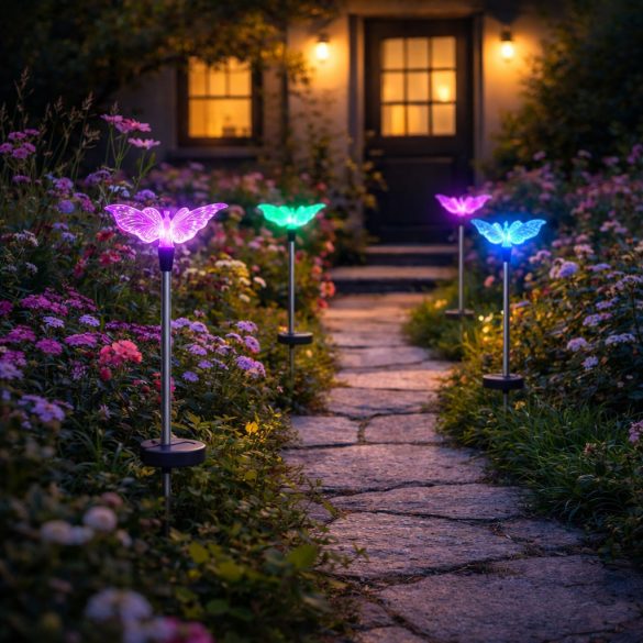 Entac Kerti Szolár lámpa 340 mm, rozsdamentes acél, pillangó forma, színváltós RGB LED