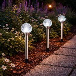   Entac Kerti Szolár lámpa 340 mm, rozsdamentes acél test, üveg gömb fej, fehér fényű LED